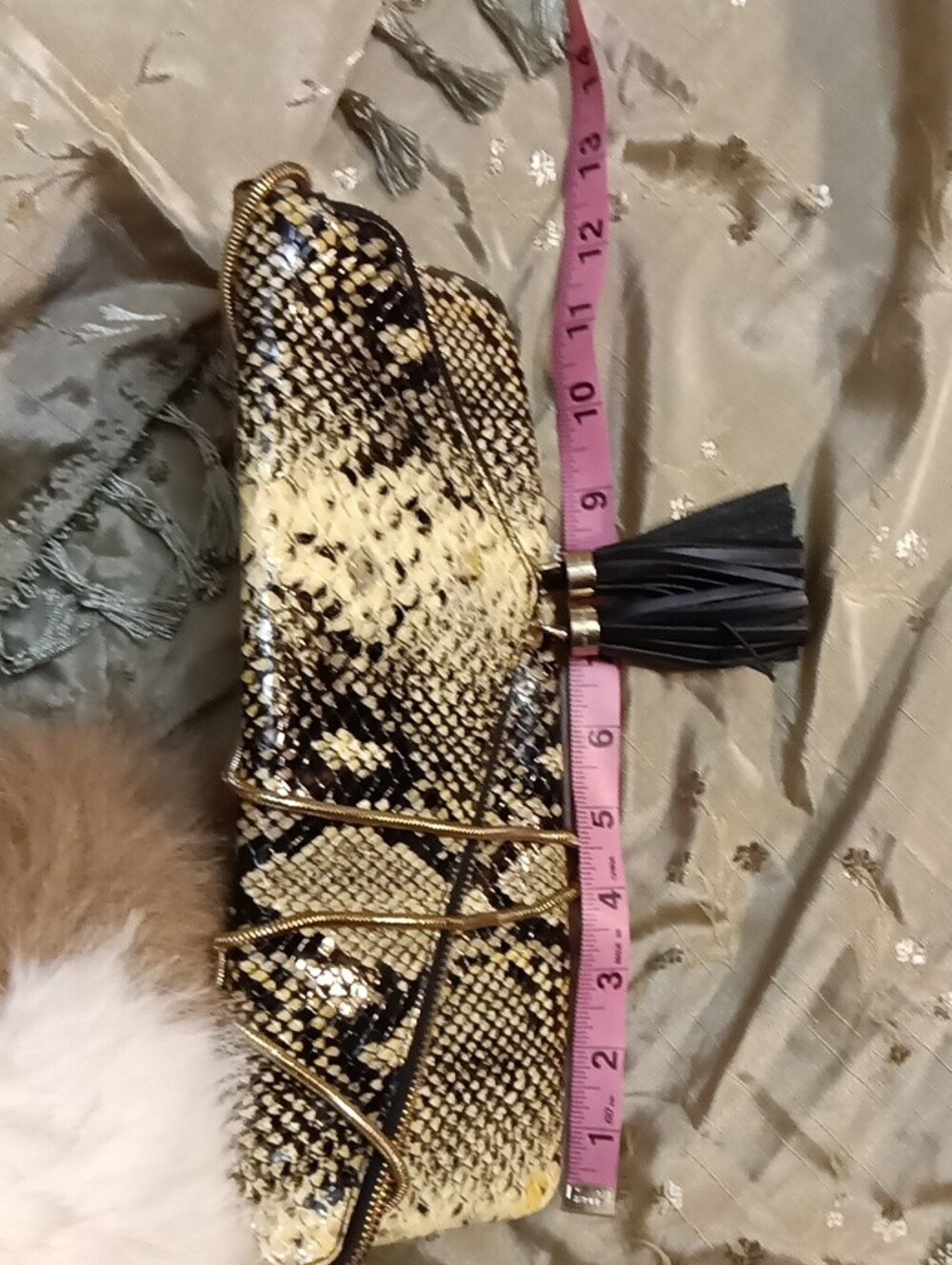 Henri Bendel Snake-Print Foldover Clutch with Tassel - Black & Tan - Picture 8 of 9